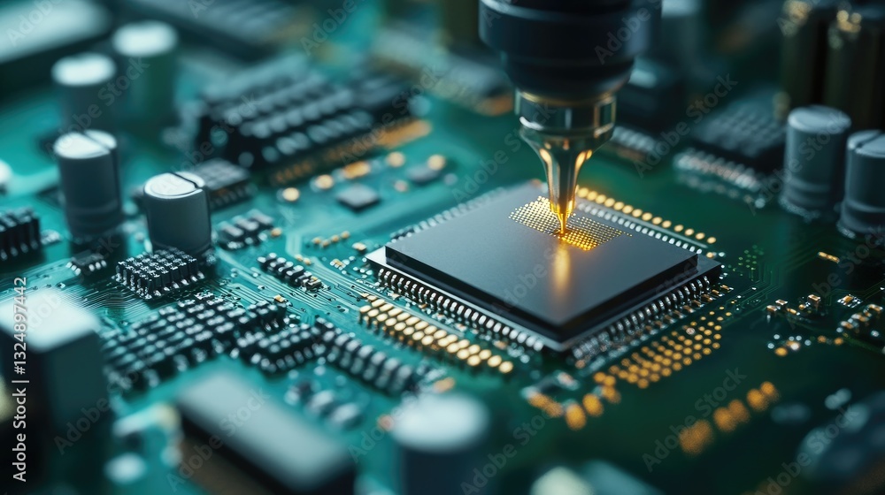 Poster an automated production line in an electronics factory assembling advanced semiconductor components.