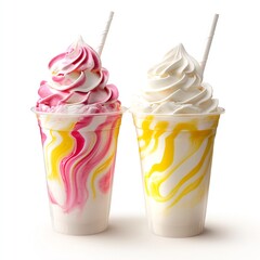 Two creamy swirls of frozen dessert in cups with straws. One pink and one yellow.