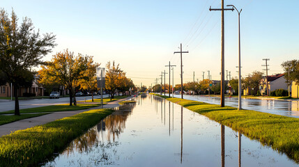 Obraz premium Flooded Street Scene with Reflective Water and Trees During a Sunny Day Showing Infrastructure Damage