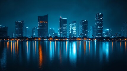 Naklejka premium Night cityscape reflection: Modern skyscrapers illuminated at night, mirrored in calm waters creating a stunning urban nightscape.