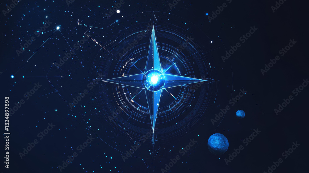 Poster abstract image of a compass rose in the form of a starry sky or space, consisting of points, lines, 
