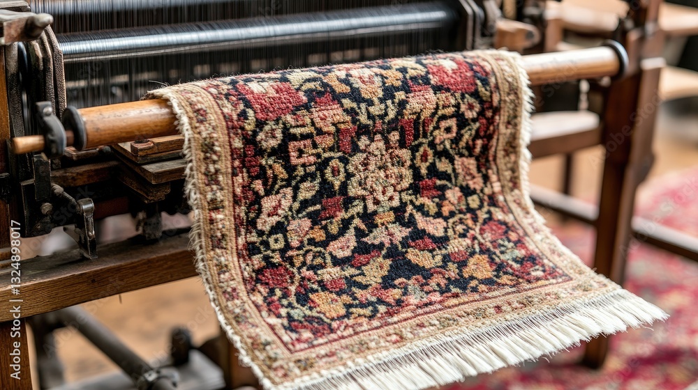 Poster an industrial loom weaving a detailed tapestry, displaying intricate craftsmanship and automated pre