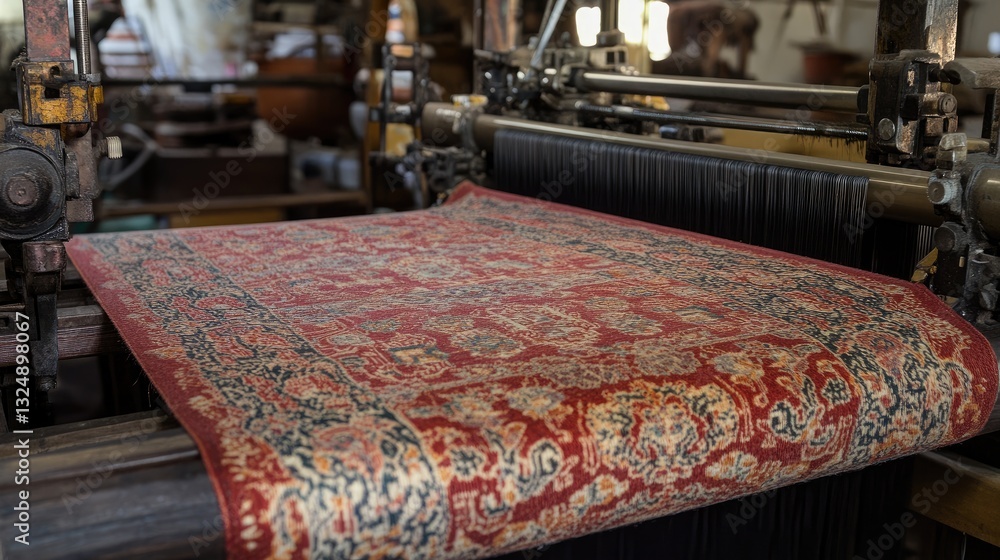 Poster an industrial loom weaving a detailed tapestry, displaying intricate craftsmanship and automated pre