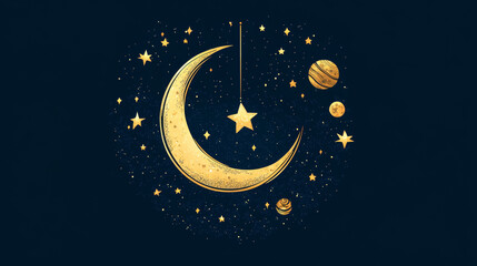 Naklejka premium Abstract image of Arabic Moon in the form of a starry sky or space, consisting of points, lines, and shapes in the form of planets, stars and the universe. Vector Ramadan Kareem concept