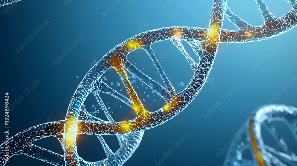 Poster glowing double helix dna strand against a blue background with particles representing genetic inform