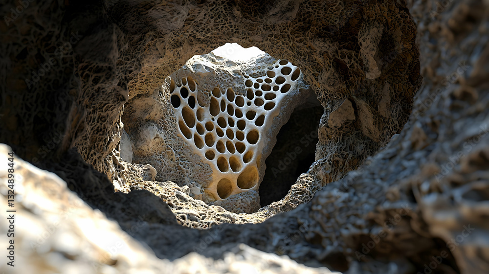 Poster three dimensional view through organic abstract structure with brown rough texture holes and white b