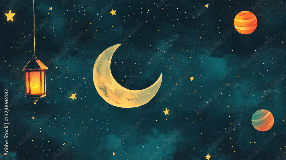 Poster abstract image of a arabic moon and lantern in the form of a starry sky or space, consisting of poin