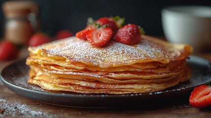  a stack of pancakes with strawberries on top, sitting on a plate on a wooden surface The background is slightly blurred, and there is a cup and other objects in th
