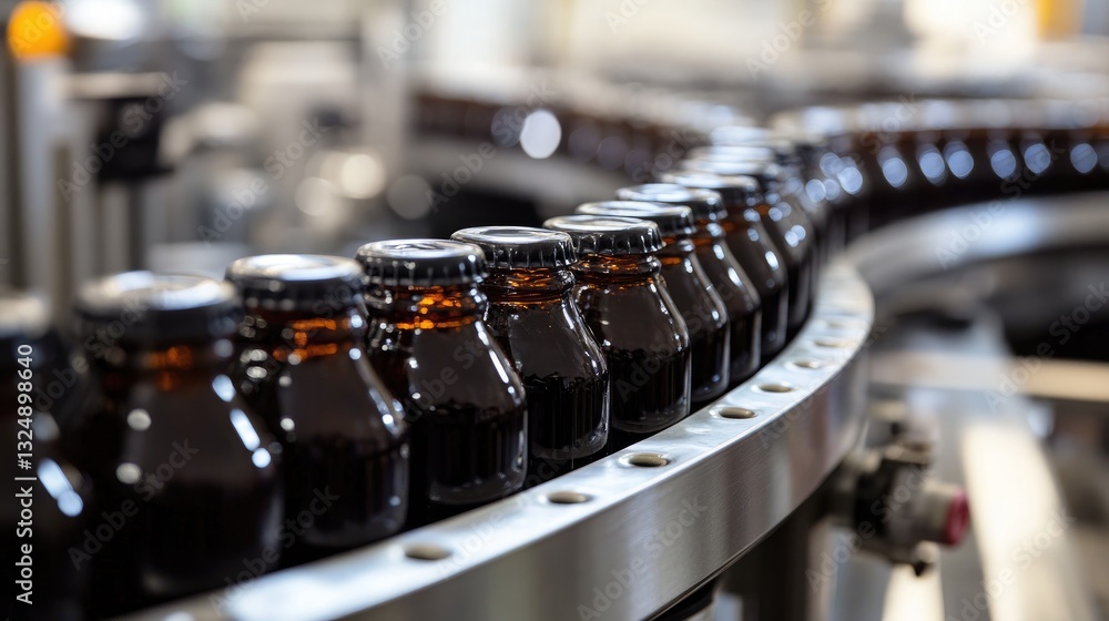 Poster automated beverage filling line sealing and capping soft drink bottles in rapid succession.