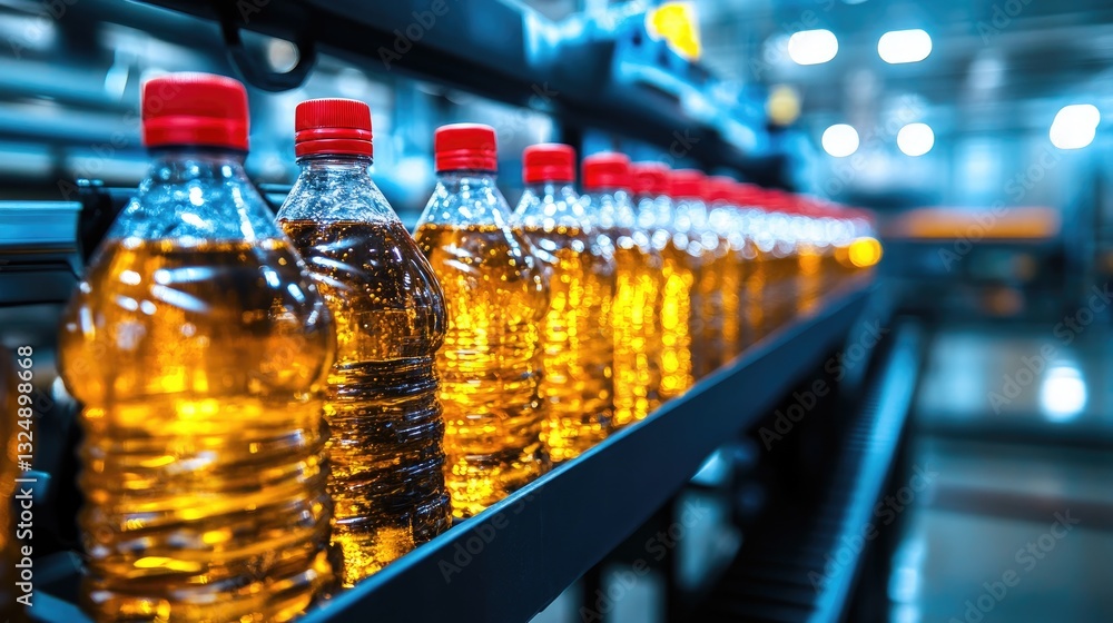 Poster automated beverage filling line sealing and capping soft drink bottles in rapid succession.