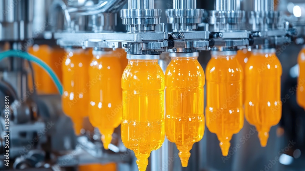 Poster automated beverage filling line sealing and capping soft drink bottles in rapid succession.