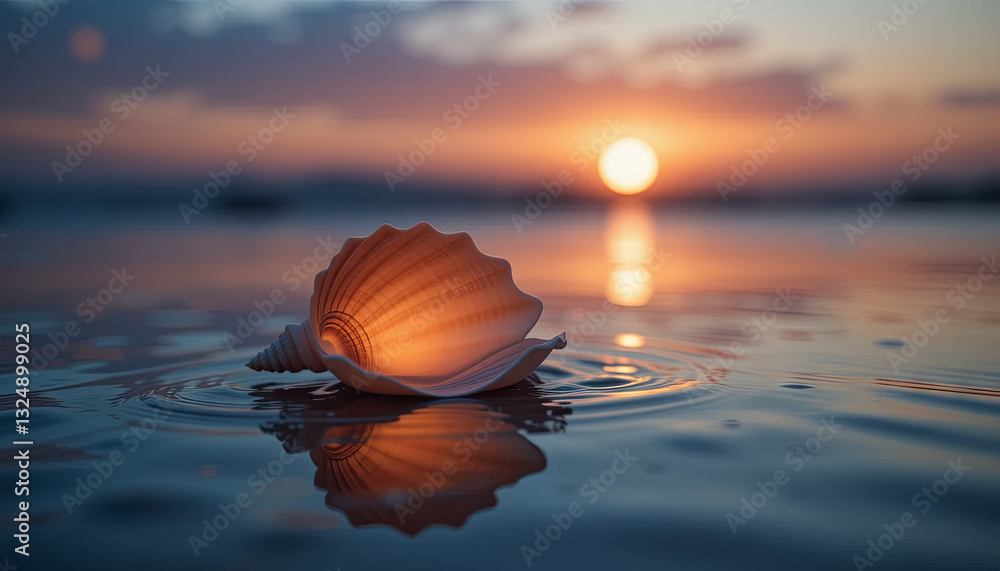 Poster a delicate shell rests gently on the smooth water surface, illuminated by the warm hues of a setting