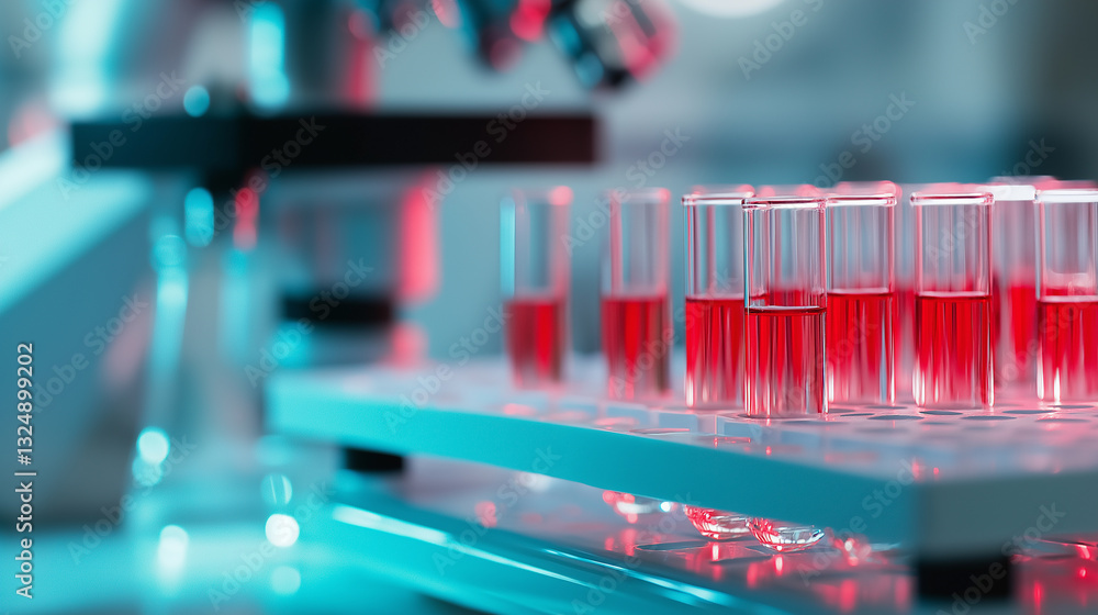 Poster a close-up of test tubes filled with red liquid in a laboratory setting, with a microscope in the ba