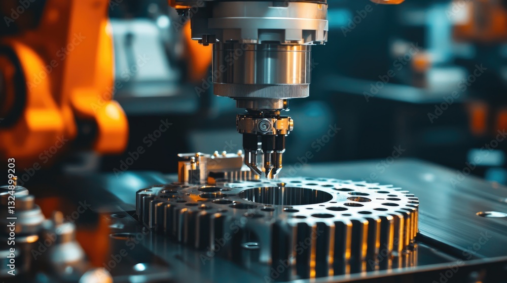 Poster automated factory with seamless robotic production of high-quality mechanical parts.