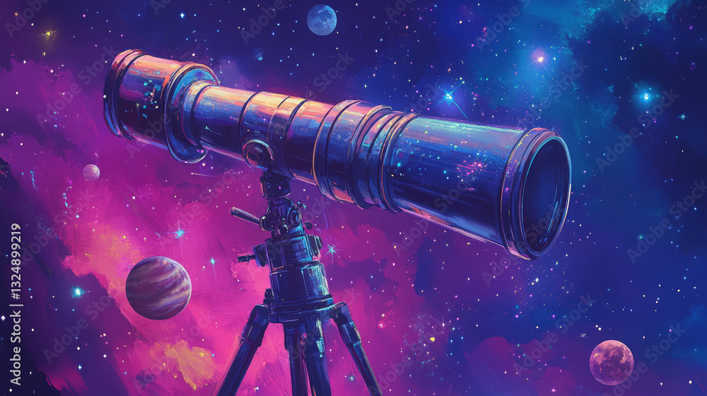 Poster abstract image of a telescope in the form of a starry sky or space, consisting of points, lines, and
