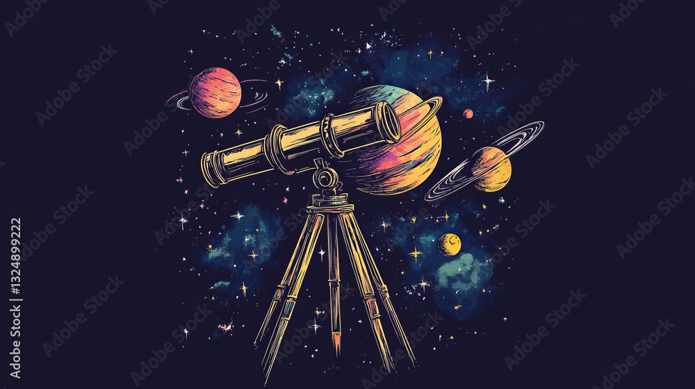 Poster abstract image of a telescope in the form of a starry sky or space, consisting of points, lines, and