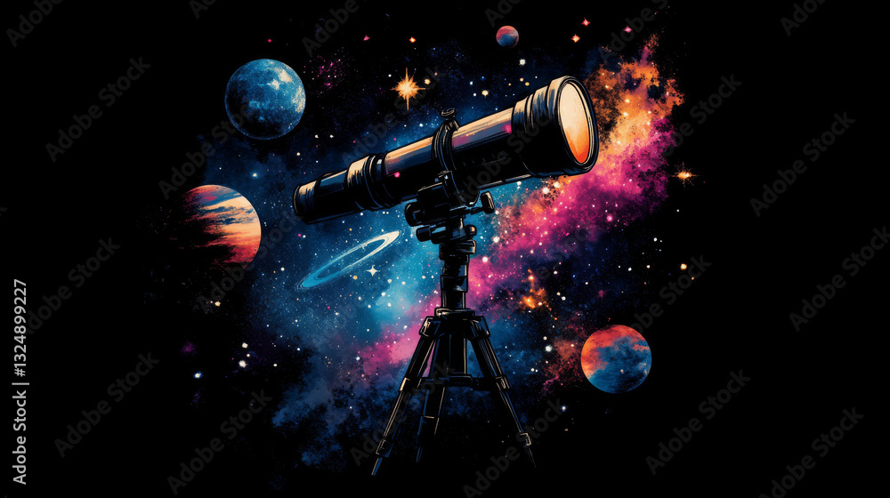 Poster abstract image of a telescope in the form of a starry sky or space, consisting of points, lines, and