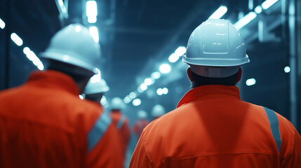 A group of industrial workers in orange uniforms and white helmets walking through a dimly lit factory.