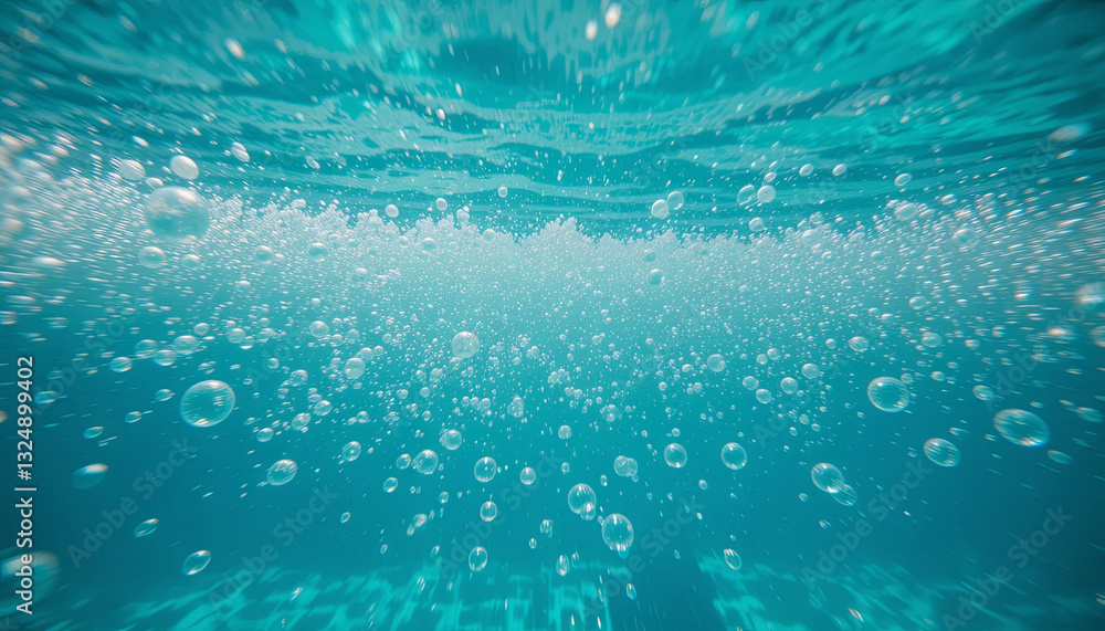 Poster bubbles emerge and ascend in clear turquoise water, forming a mesmerizing pattern against the sunlig