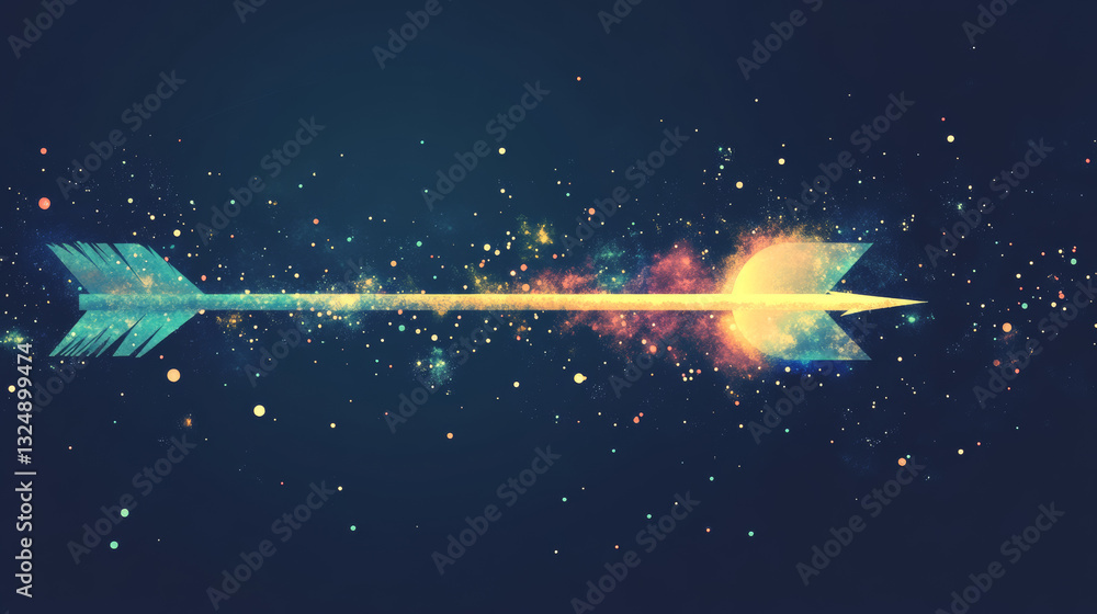 Poster abstract image of a arrow in the form of a starry sky or space, consisting of points, lines, and sha