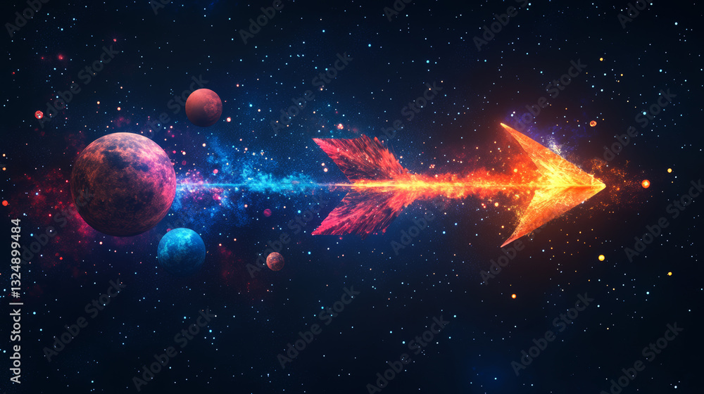Poster abstract image of a arrow in the form of a starry sky or space, consisting of points, lines, and sha