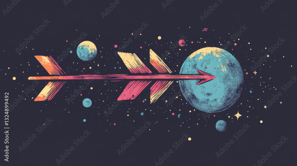 Poster abstract image of a arrow in the form of a starry sky or space, consisting of points, lines, and sha