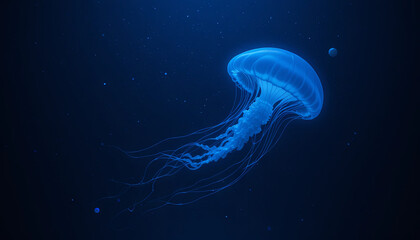 A jellyfish glides effortlessly through dark water, its transparent body glowing softly in shades of blue. Long, trailing tentacles create a mesmerizing display of movement
