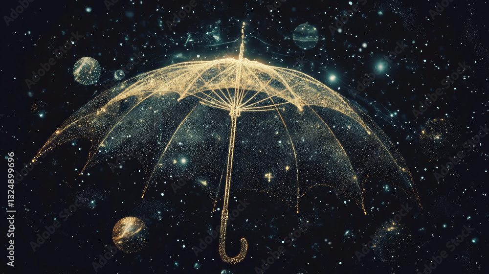 Poster abstract image of a umbrella in the form of a starry sky or space, consisting of points, lines, and 