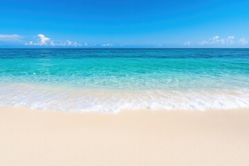 Breathtaking turquoise ocean with gentle waves rolling onto a pristine white sand beach under a soft blue sky gradient