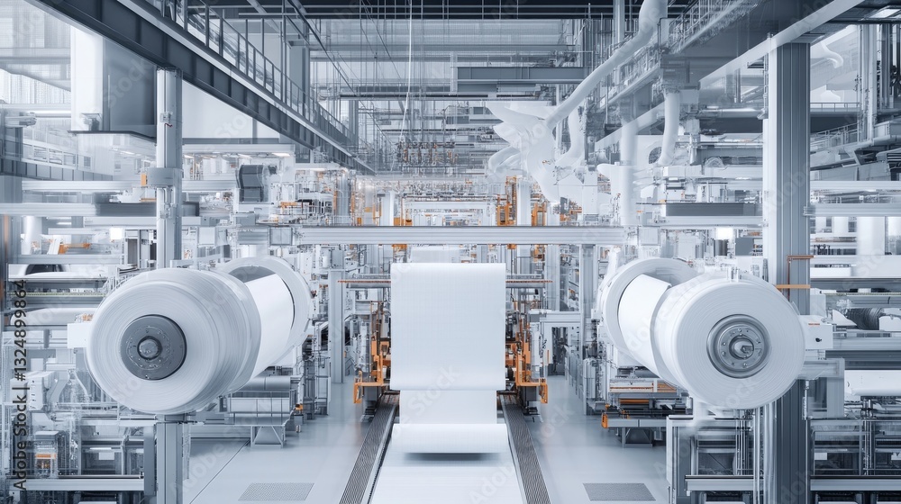 Poster a d render of an advanced textile factory with ai-driven automation and digital fabric monitoring.