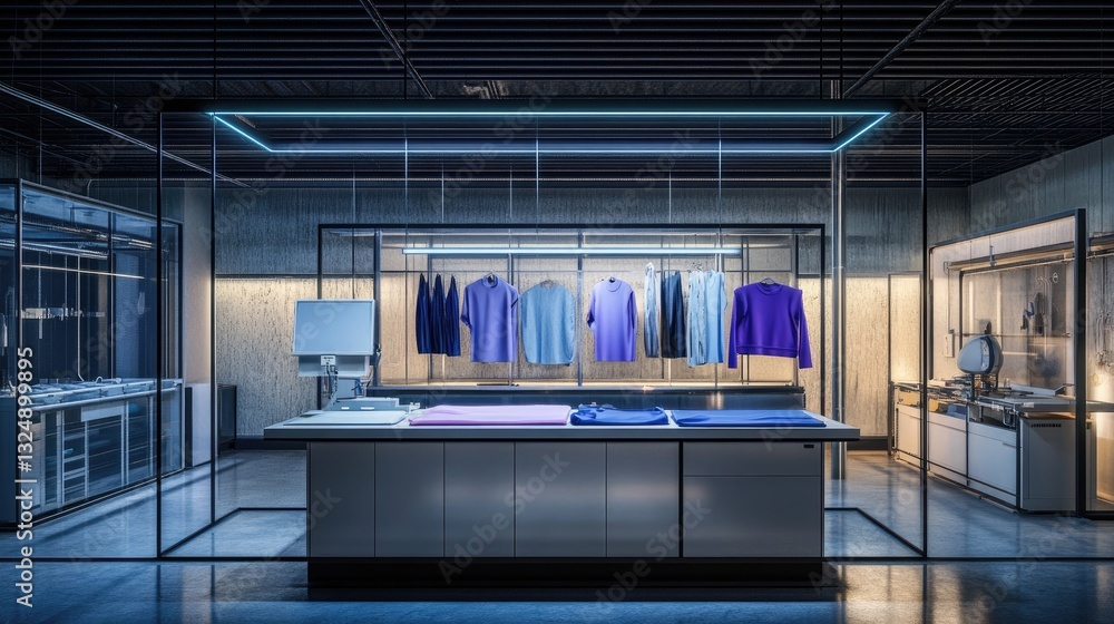 Poster a d render of an advanced textile factory with ai-driven automation and digital fabric monitoring.