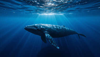 Obraz premium A large whale gracefully swims underwater, surrounded by vibrant blue water. Sunlight streams down from the ocean surface, illuminating its smooth skin