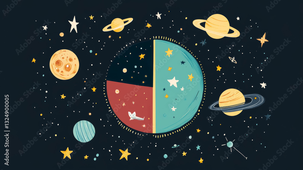 Poster abstract image of pie chart of a starry sky or space, consisting of points, lines, and shapes in the