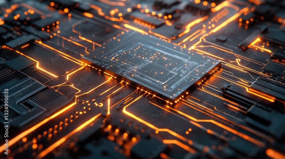 Poster a d render of a powerful microprocessor chip with glowing circuit traces symbolizing high-speed comp