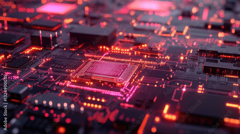 Poster a d render of a futuristic circuit board with quantum computing elements.