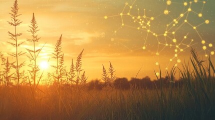 Fototapeta premium A serene sunset over a field with abstract connections symbolizing nature and science.
