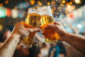 Cheers to friendship! Two friends clinking beer glasses at a festive gathering. Golden hour lighting and celebratory confetti add to the joyful mood.
