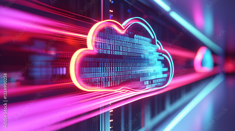 Poster a glowing neon cloud icon represents cloud computing and data storage in a futuristic server environ