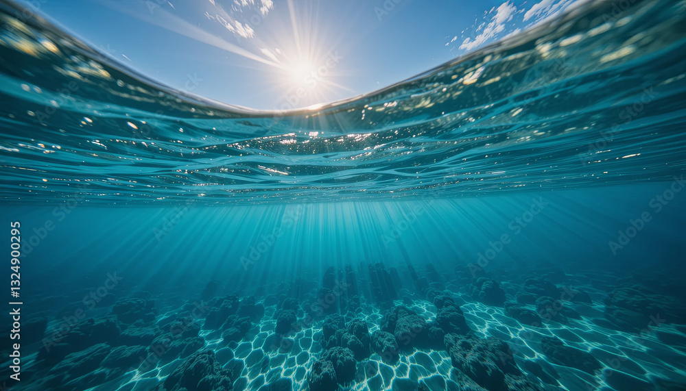 Poster sunlight filters through crystal clear water, illuminating the rocky seabed. gentle waves create pat