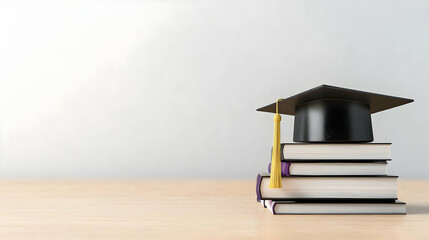 Black Graduation Cap on Stack of Books on Wooden Table with Bright Background Emphasizing Education