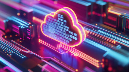 A glowing neon cloud icon represents cloud computing and data storage in a futuristic server environment.