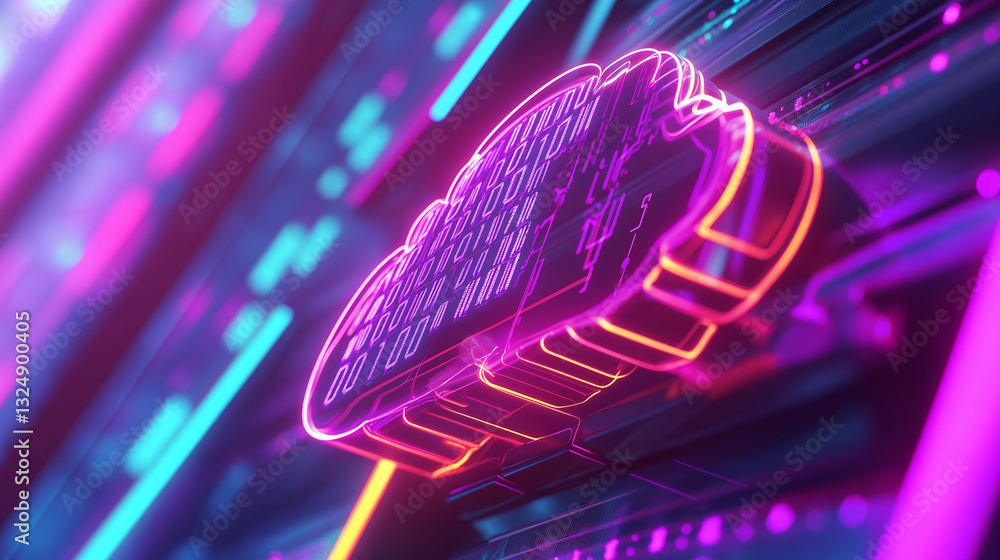 Poster a glowing neon cloud icon represents cloud computing and data storage in a futuristic server environ