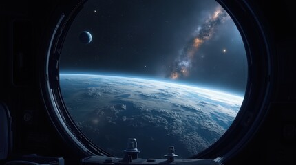 Naklejka premium A view of Earth from a spaceship window. Stars, planets, deep space