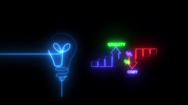 Percentage icon of quality and cost with up and down, on background. Quality neon control and company cost reduction. Cost and quality control concept. Successful organization strategy and management.