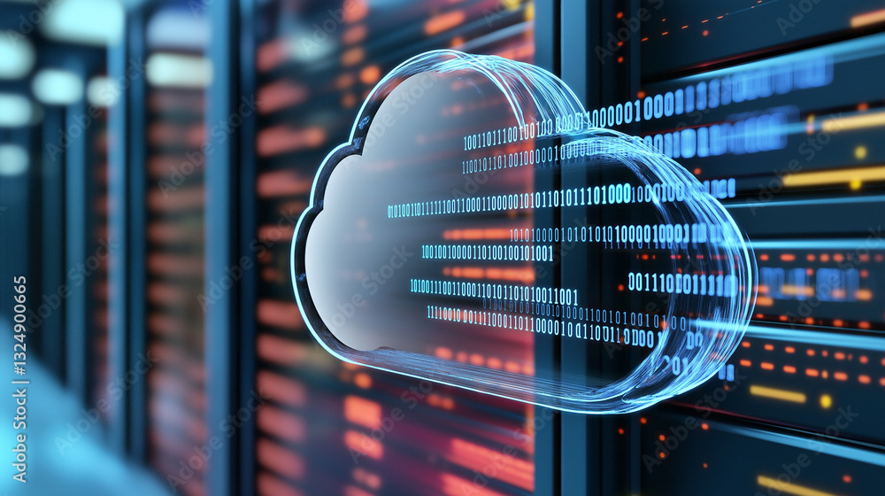 Poster a glowing neon cloud icon represents cloud computing and data storage in a futuristic server environ