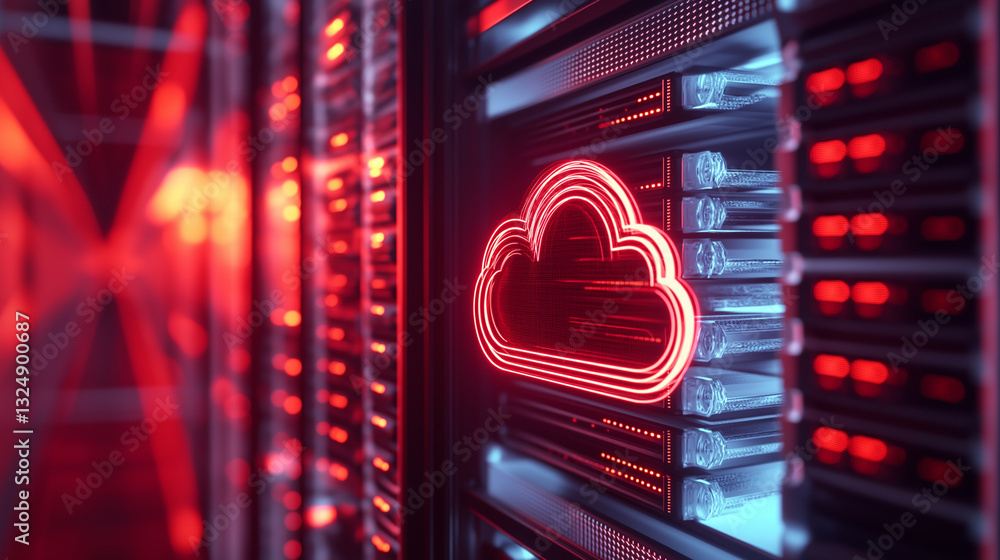 Poster a glowing neon cloud icon represents cloud computing and data storage in a futuristic server environ