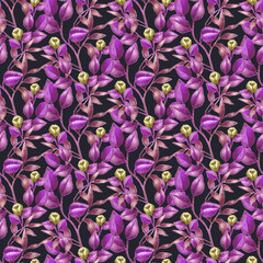 Bright purple with reddish leaves and small yellow flowers hand drawn. Seamless floral watercolor pattern on a dark background.