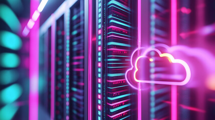 A glowing neon cloud icon represents cloud computing and data storage in a futuristic server environment.