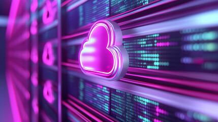 A glowing neon cloud icon represents cloud computing and data storage in a futuristic server environment.