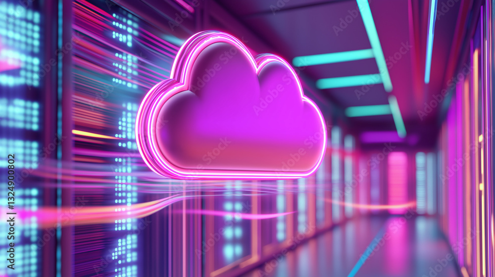 Poster a glowing neon cloud icon represents cloud computing and data storage in a futuristic server environ